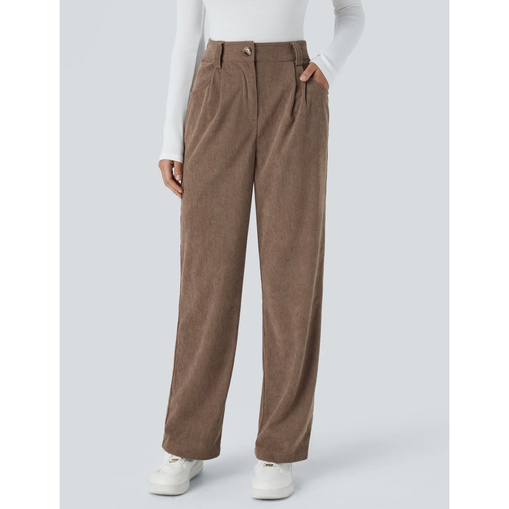 Halara High Rise Corduroy Pleated Straight Pants Soft Casual Brown Large Tall